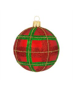 Christmas ball made of glass, 8 cm, red with tartan pattern