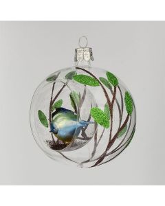 Christmas Ball, 8 cm, transparent with little titmouse