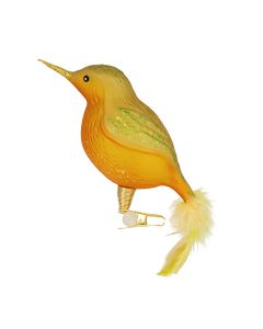 Glasfigur mit Federn Vogel gelb handbemalt mit Clip Gablonzer Osterschmuck und Weihnachtsschmuck