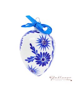 Osterei aus Glas, weiß mit  blauen Blumen, handbemalt