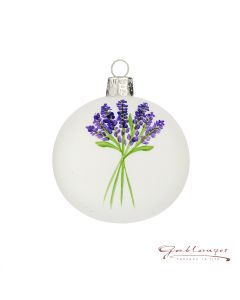 Christbaumkugel aus Glas, 7 cm, weiß mit Lavendelstrauß