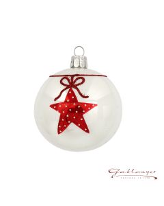 Christmas Ball made of glass, 7 cm, white with a red star