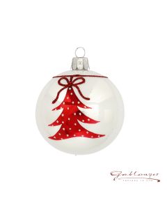Christmas Ball made of glass, 7 cm, white with a red tree