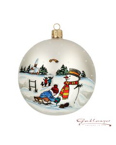 Christmas Ball made of glass, 10 cm, white, children with snowman