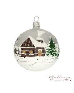 Christmas Ball made of glass, 8 cm, snowy landscape with a brown house