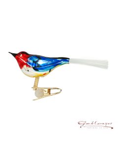 Bird made of glass, 11 cm, red-blue with fiberglass tail