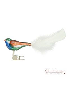 Bird made of glass, 13 cm, brown-green with white feather tail