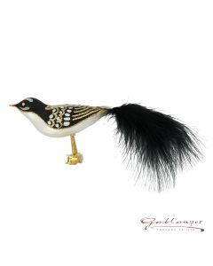 Vogel aus Glas, 16 cm, schwarz-gold mit Federschwanz