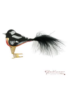 Vogel aus Glas, 14 cm, schwarz-weiß mit Federn