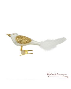 Vogel aus Glas, cm, weiß-gold mit Federn