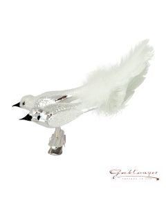 Vogel aus Glas, Doppelvogel silber,  10cm, mit weißen Federn
