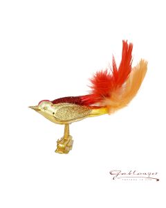 Vogel aus Glas, Doppelvogel rot-gold mit Federschwanz, 10 cm