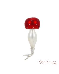 Glass figurine, fly agaric on clip, 9 cm, red-white
